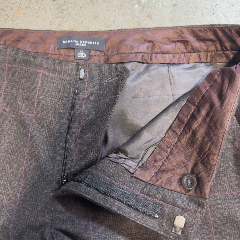 Banana Republic Martin Wool Trousers Brown Purple Windowpane Wide Leg Pants 10 - Picture 2 of 11